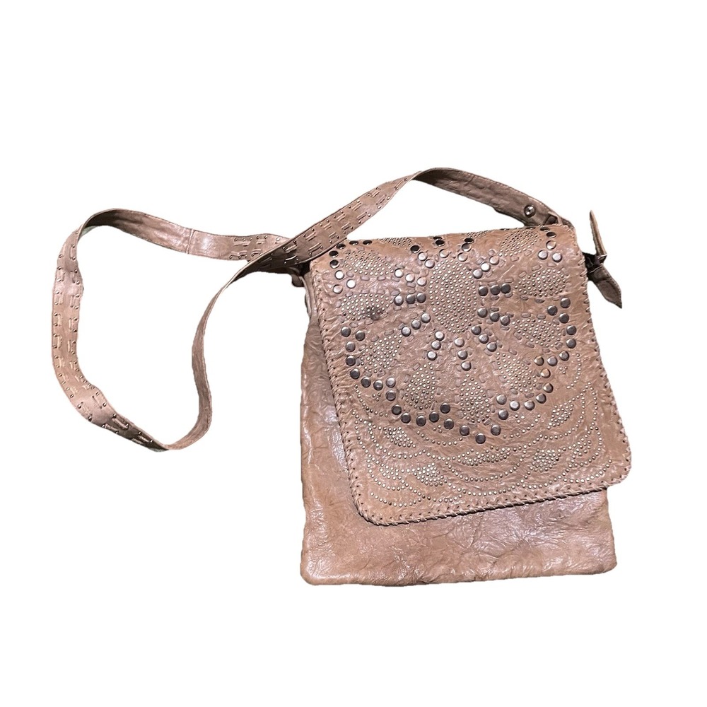 CHRISTIANSEN ONE OF A KIND VINTAGE Studded Floral Flap Crossbody Bag in Taupe